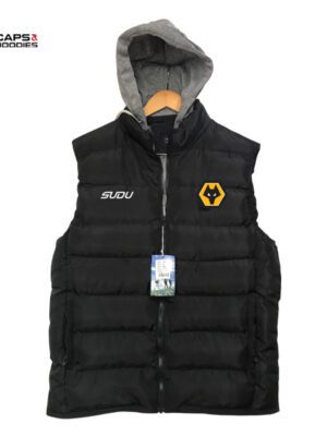 Wolves Black Sleeveless Puffer Vest with Hood Wolves Black Sleeveless Puffer Vest with Hood