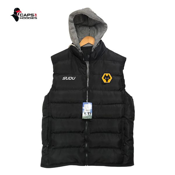 Wolves Black Sleeveless Puffer Vest with Hood